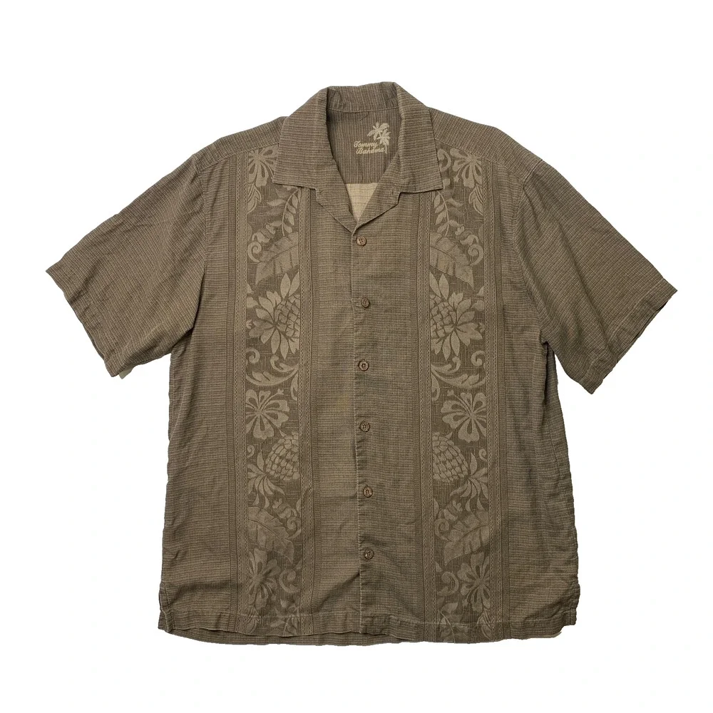 Tommy Bahama Shirt Mens L Large Otter Silk Maui Border Button Up Hawaiian Camp